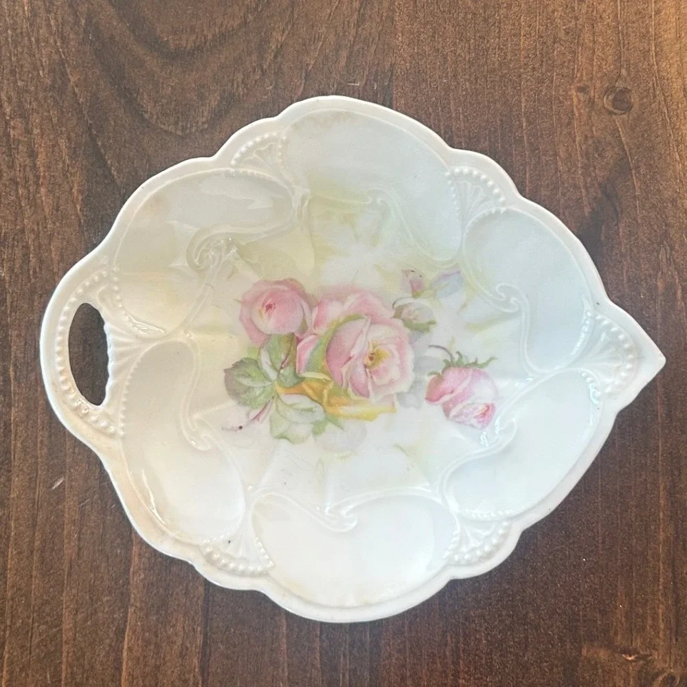 Vintage Germany Porcelain Nappy Dish White Floral Rose Luster‎ Heart Cottagecore